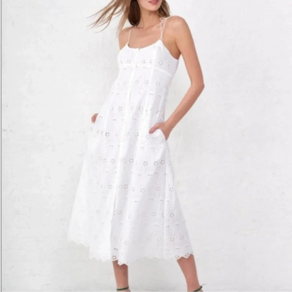 LA LIGNE Eyelet Broderie Midi Dress | White | S